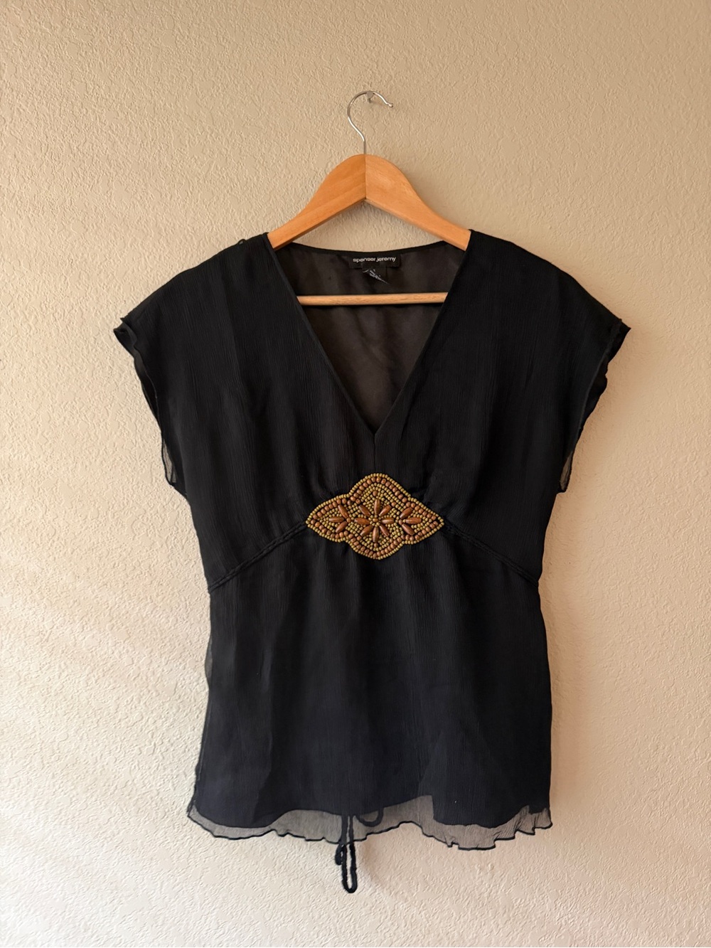90s Spenser Jeremy Silk Black V-Neck Beaded Waist Tunic Top Small